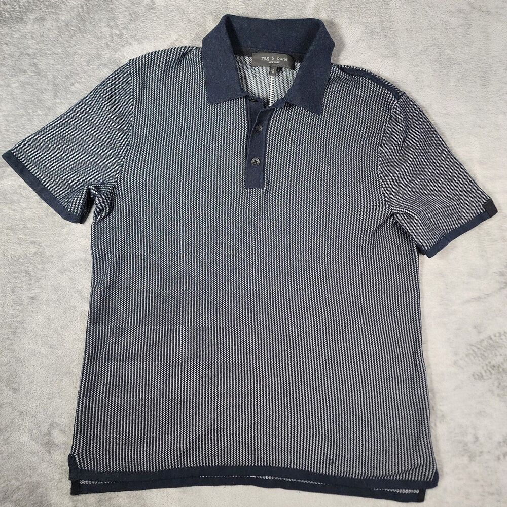 Rag & Bone Navy Grey Zigzag Stripe Vertical Men's Medium Textured Soft Knit Polo